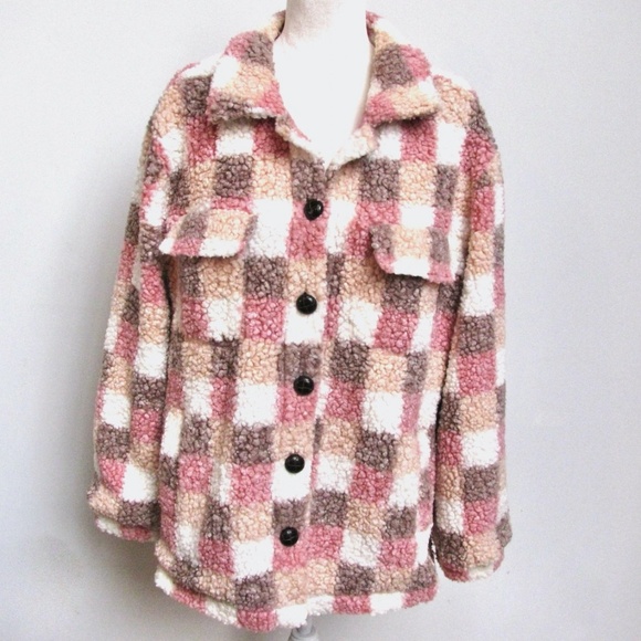 Pink Lily Sherpa Jacket Pink Multicolor Plaid Lined Womens Size XL - Picture 1 of 16